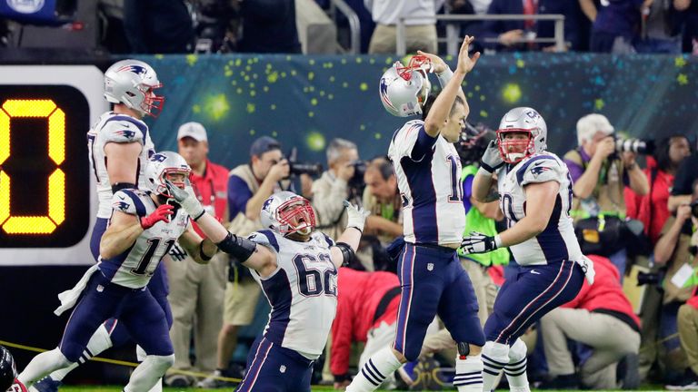 HOUSTON, TX - FEBRUARY 05:  Tom Brady #12 of the New England Patriots reacts after defeating the Atlanta Falcons 34-38 in overtime during Super Bowl 51 at 