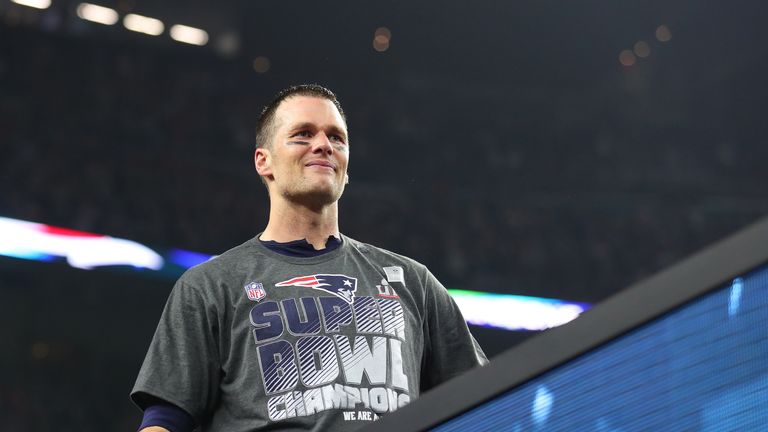 Tom Brady celebrates after New England Patriots' comeback victory at Super Bowl 51