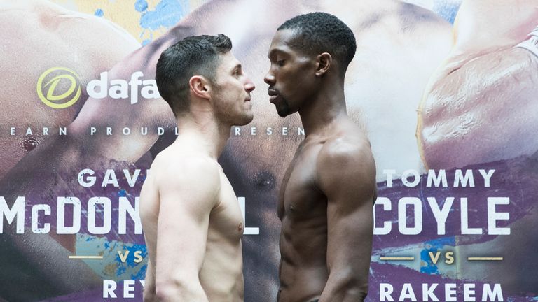 Tommy Coyle and Raheem Noble weigh in for their fight at the Hull Ice Arena
