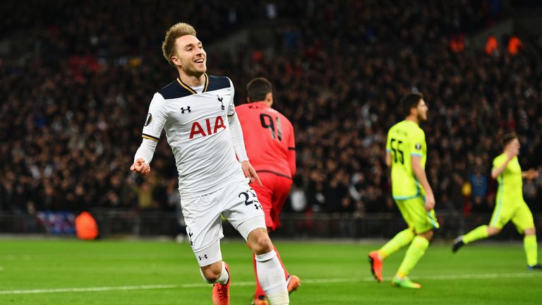 LONDON, ENGLAND - FEBRUARY 23: Christian Eriksen of Tottenham Hotspur celebrates scoring his sides first goal during the UEFA Europa  League Round of 32 se