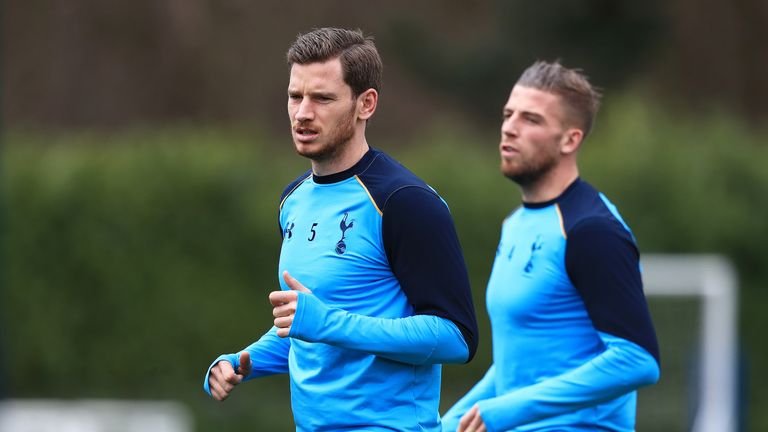 Jan Vertonghen and Toby Alderweireld during a Tottenham Hotspur training session at Enfield Training Centre