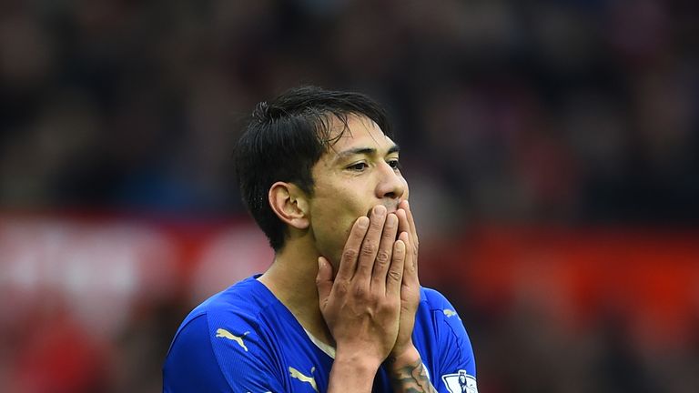 MANCHESTER, UNITED KINGDOM - MAY 01:  Leonardo Ulloa of Leicester City reacts during the Barclays Premier League match between Manchester United and Leices