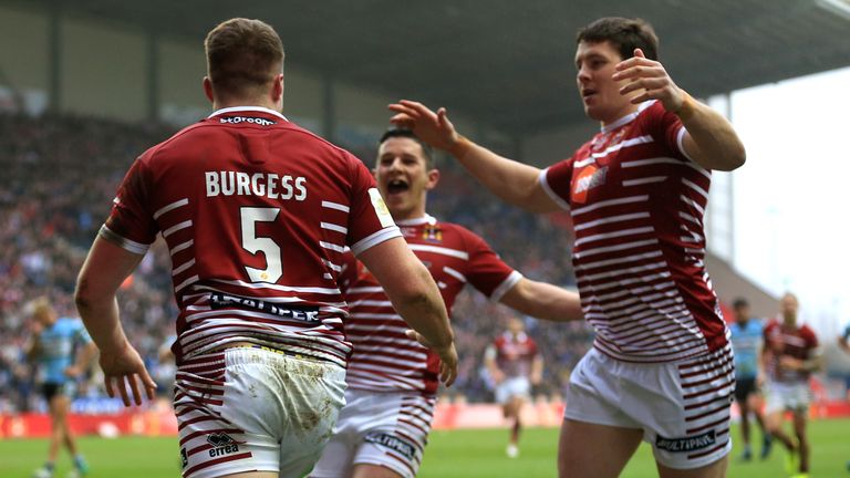 Wigan Warriors' Joe Burgess celebrates after scoring his sides second try of the game against Cronulla-Sutherland Sharks during the 2017 Dacia World Club S