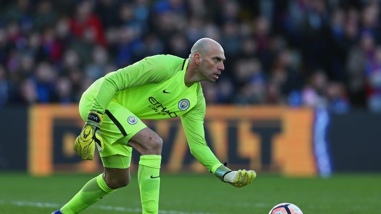 Willy Caballero of Manchester City rolls the ball out during the Emirates FA Cup Fourth Round match against Crystal Palace