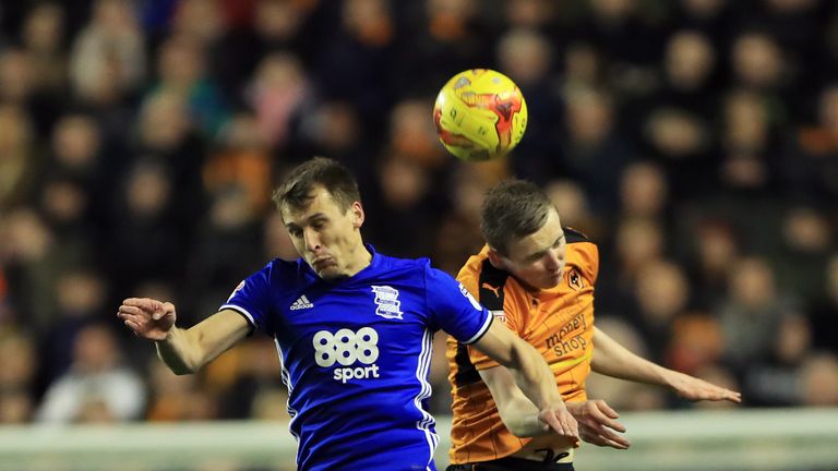 Birmingham's Robert Tesche (left) and Wolverhampton Wanderers' Jon Dadi Bodvarsson battle for the ball during the Sky Bet Championship match at Molineux