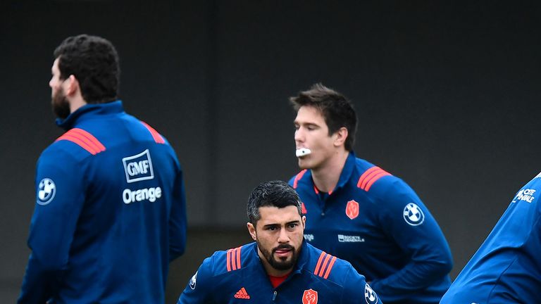 France centre Yann David stretches during a training session on January 31, 2017 in Marcoussis, south of Paris
