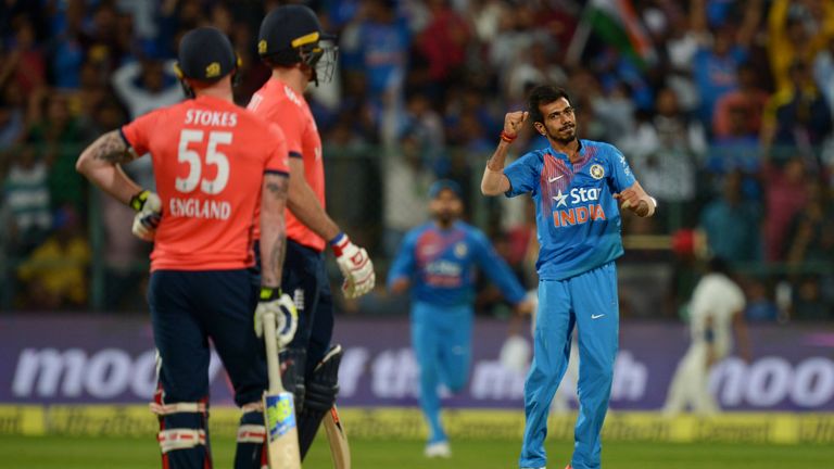 Yazvendra Chahal (R) celebrates the dismissal Ben Stokes during the third T20I (Credit: AFP)
