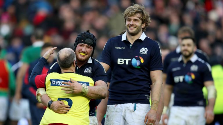 Scotland's Zander Fagerson (left) and Richie Gray celebrate winning the Six Nations match at Murrayfield