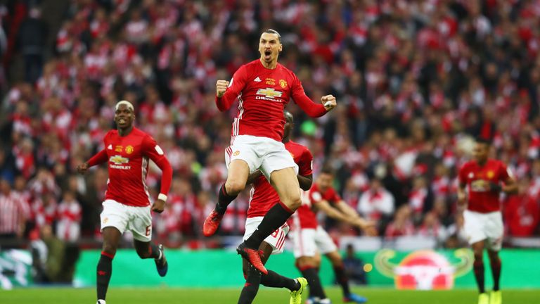 Zlatan Ibrahimovic celebrates scoring the opening goal in the EFL Cup final