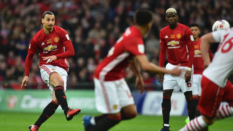 Zlatan Ibrahimovic scores the opening goal of the EFL Cup final