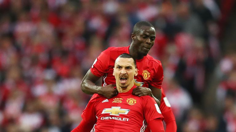 Zlatan Ibrahimovic celebrates with Eric Bailly after giving Manchester United a 1-0 lead in the EFL Cup final