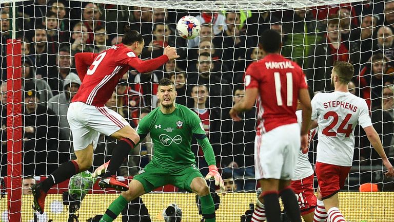 Zlatan Ibrahimovic heads the game winning goal beyond Fraser Forster