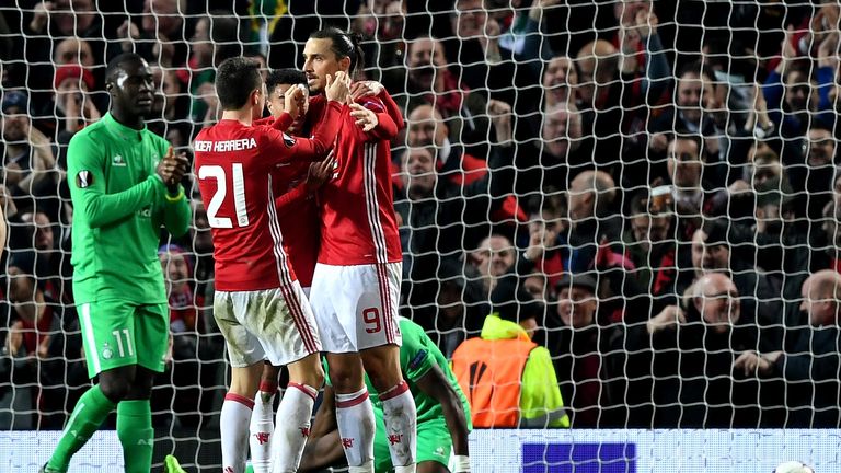 Zlatan Ibrahimovic is congratulated by team-mates after scoring his second goal against St Etienne