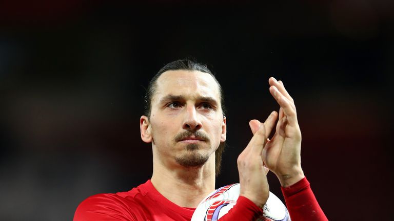 MANCHESTER, ENGLAND - FEBRUARY 16: Zlatan Ibrahimovic of Manchester United leaves the pitch with the match ball after scoring a hat-trick during the UEFA E