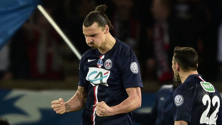 Paris Saint-Germain's Swedish forward Zlatan Ibrahimovic celebrates his goal on April 8, 2015 during a French Cup semi-final football match between Paris S