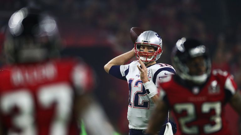 HOUSTON, TX - FEBRUARY 05:  Tom Brady #12 of the New England Patriots passes against the Atlanta Falcons during Super Bowl 51 at NRG Stadium on February 5,