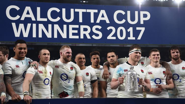 LONDON, ENGLAND - MARCH 11:  Dylan Hartley of England lifts the The Calcutta cup with his England team mates after the RBS Six Nations match between Englan