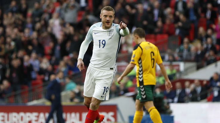 England's Jamie Vardy celebrates after scoring