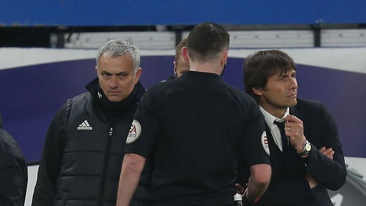 Jose Mourinho (left) and Antonio Conte had to be separated following a confrontation at Stamford Bridge