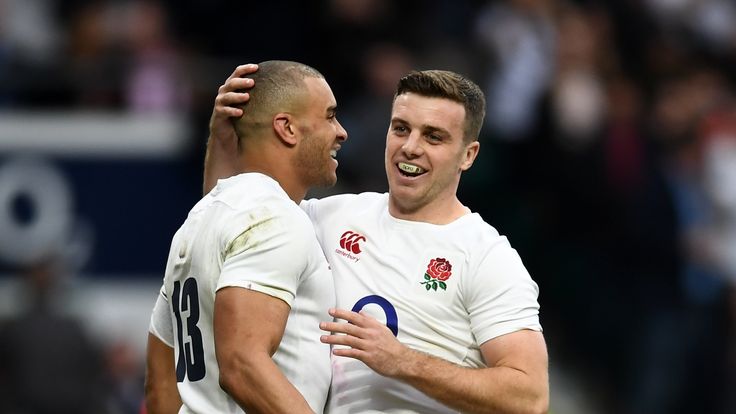 Jonathan Joseph celebrates scoring his hat-trick try against Scotland with George Ford