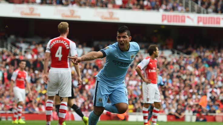 LONDON, ENGLAND - SEPTEMBER 13:  Sergio Aguero of Manchester City celebrates after scoring the first goal during the Barclays Premier League match between 
