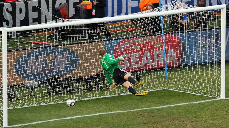 BLOEMFONTEIN, SOUTH AFRICA - JUNE 27 2010:  Manuel Neuer of Germany watches Frank Lampard's shot bounce over the line for England at the World Cup