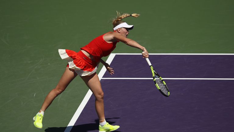 Caroline Wozniacki serves during her victory over Karolina Pliskova