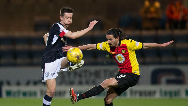 Cammy Kerr of Dundee and Partick Thistle's Ryan Edwards do battle at Dens Park