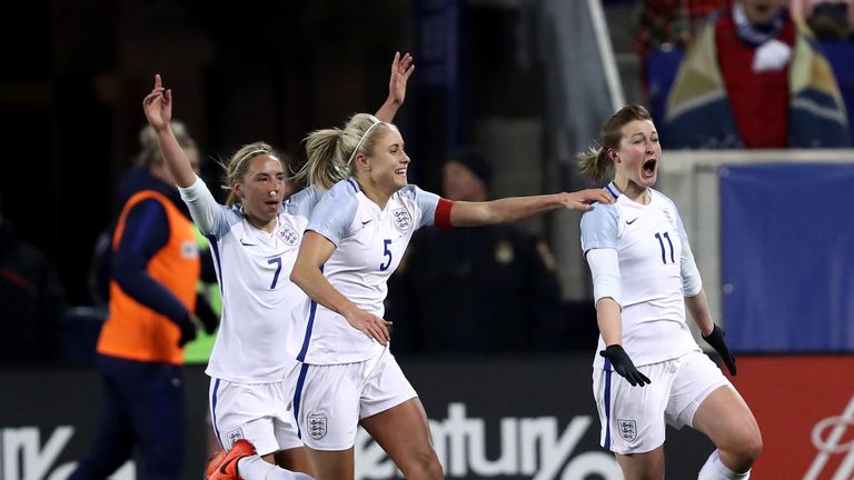 England's Ellen White celebrates her winning goal against the USA