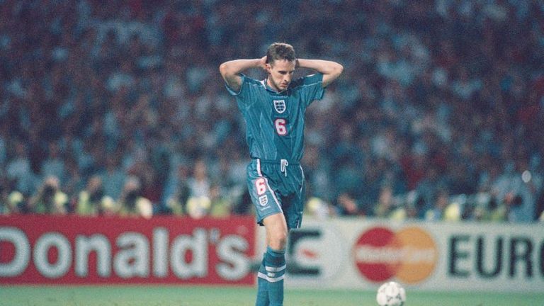 Gareth Southgate after missing his penalty for England in the Euro '96 semi-final against Germany