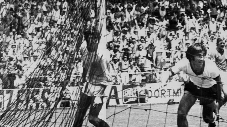 West Germany forward Gerd Muller celebrates after scoring the winning goal past England goalkeeper Peter Bonetti at the 1970 World Cup quarter-final