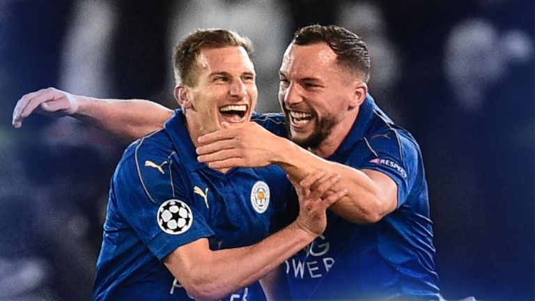 Leicester City's Marc Albrighton celebrates with Danny Drinkwater after scoring the winner in their Champions League tie against Sevilla