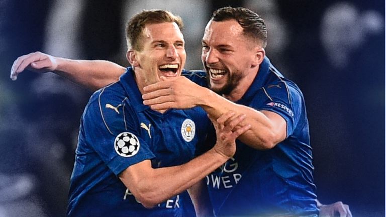 Leicester duo Marc Albrighton and Danny Drinkwater celebrate the former's goal against Sevilla in the Champions League