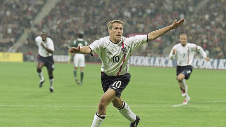 Michael Owen celebrates during England's 5-1 defeat to Germany in 2001