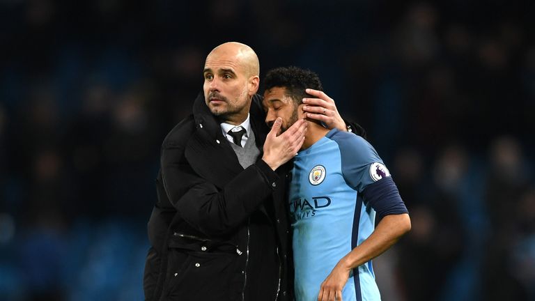 Pep Guardiola consoles Gael Clichy, Manchester City v Stoke City, Premier League