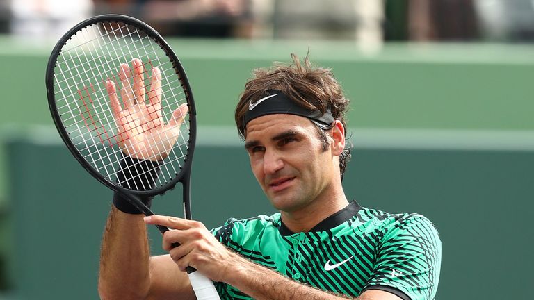 KEY BISCAYNE, FL - MARCH 25:  Roger Federer of Switzerland celebrates match point against Frances Tiafoe during day 6 of the Miami Open at Crandon Park Ten