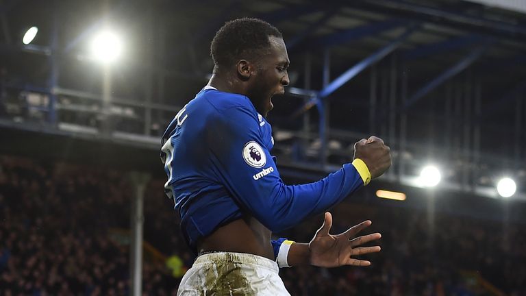 Romelu Lukaku celebrates after scoring a goal during the Premier League football match between Everton and Hull City at Goodison Park