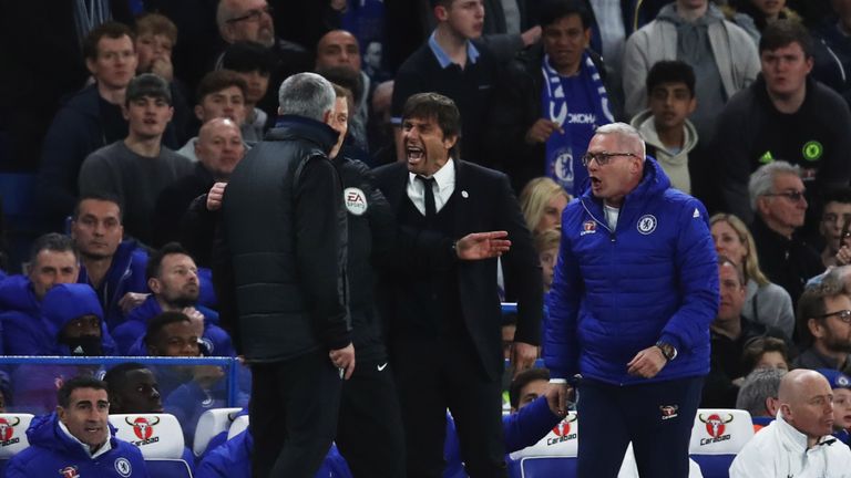 A fiery first half saw Antonio Conte confront Jose Mourinho following a challenge on Marcos Alonso from Antonio Valencia