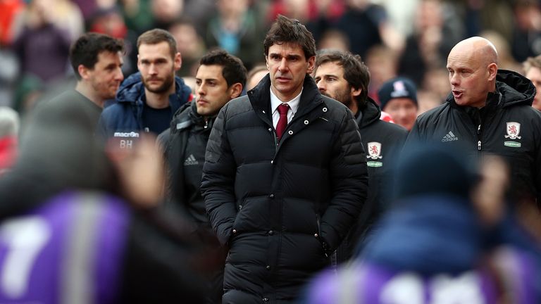 STOKE ON TRENT, ENGLAND - MARCH 04:  Aitor Karanka, manager of Middlesbrough looks on during the Premier League match between Stoke City and Middlesbrough 