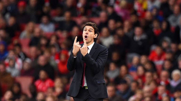 Aitor Karanka passes instructions on to his players during a Premier League match at the Emirates Stadium