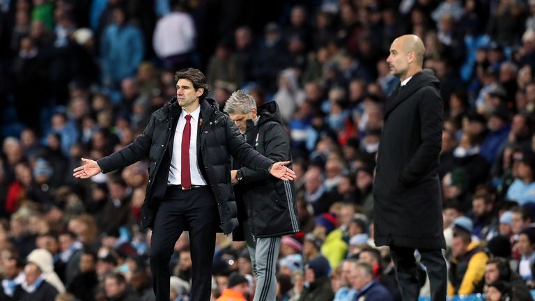 Aitor Karanka reacts during a Premier League match at the Etihad Stadium