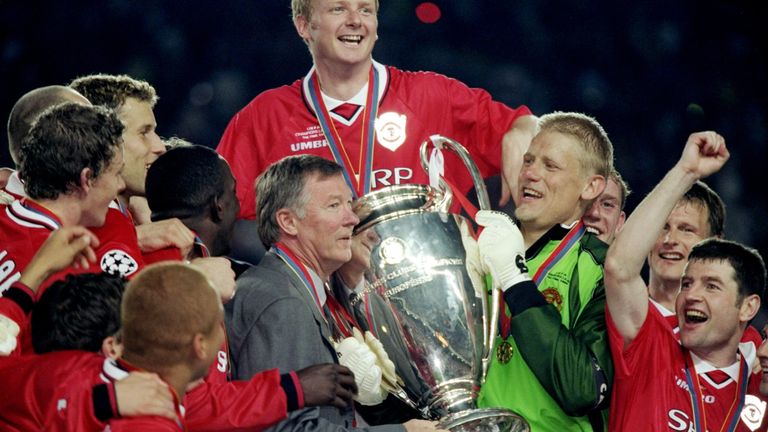 26 May 1999:  Manchester United manager Alex Ferguson and keeper Peter Schmeichel with the trophy after a 2-1 victory over Bayern Munich in the UEFA Champi