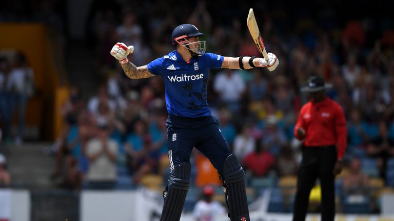 Alex Hales celebrates his century during the third ODI against the West Indies
