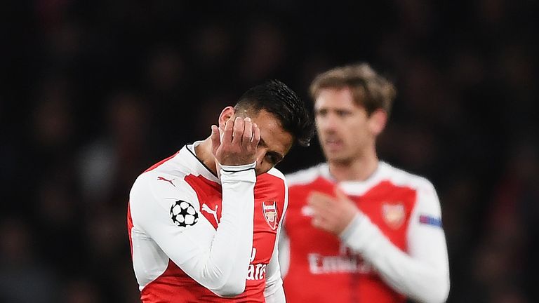 Alexis Sanchez appears dejected during the Champions League Round-of-16 match against Bayern Munich