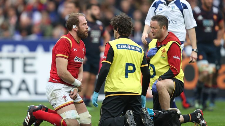 Injury to Wales Alun Wyn Jones during the RBS 6 Nations match at the Stade de France, Paris.