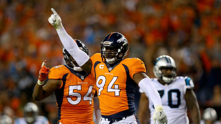 DENVER, CO - SEPTEMBER 08:  Outside linebacker DeMarcus Ware #94 of the Denver Broncos reacts in the second half while taking on the Carolina Panthers at S