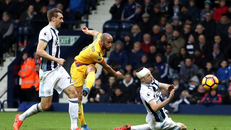 WEST BROMWICH, ENGLAND - MARCH 04: Andros Townsend of Crystal Palace (C) scores his sides second goal during the Premier League match between West Bromwich
