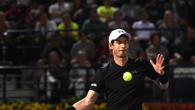 DUBAI, UNITED ARAB EMIRATES - MARCH 04:  Andy Murray of Great Britain plays a forehand during his final match against Fernando Verdasco of Spain on day sev