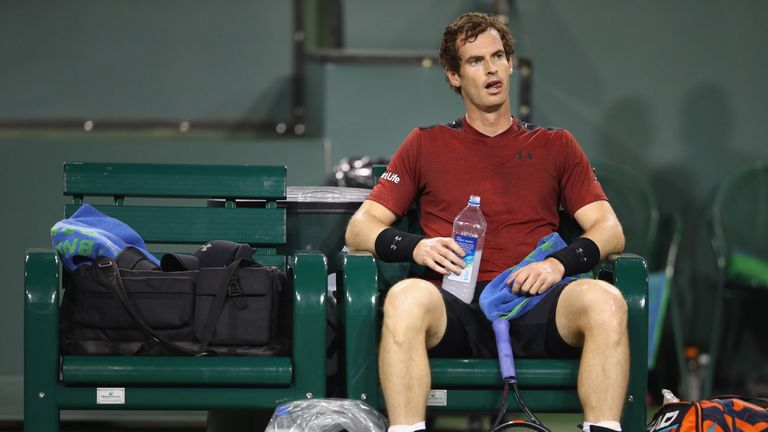 INDIAN WELLS, CA - MARCH 11:  Andy Murray of Great Britain shows his dejection during his straight sets defeat by Vasek Pospisil of Canada  in their second