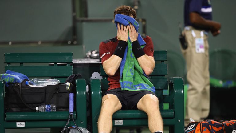 Andy Murray shows his dejection during his straight sets defeat by Vasek Pospisil in Indian Wells